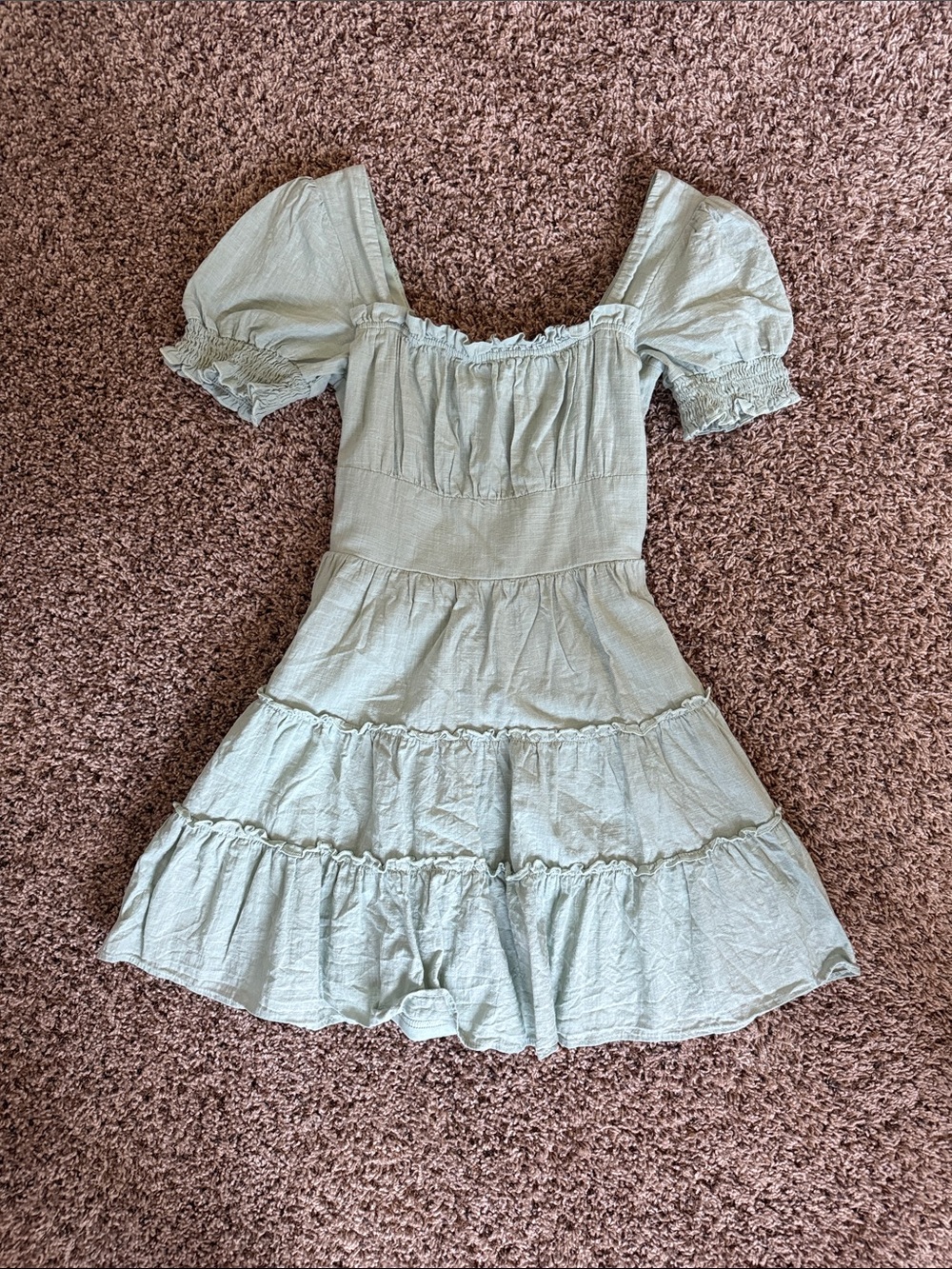 Sage Green Tiered Puff Sleeve Dress